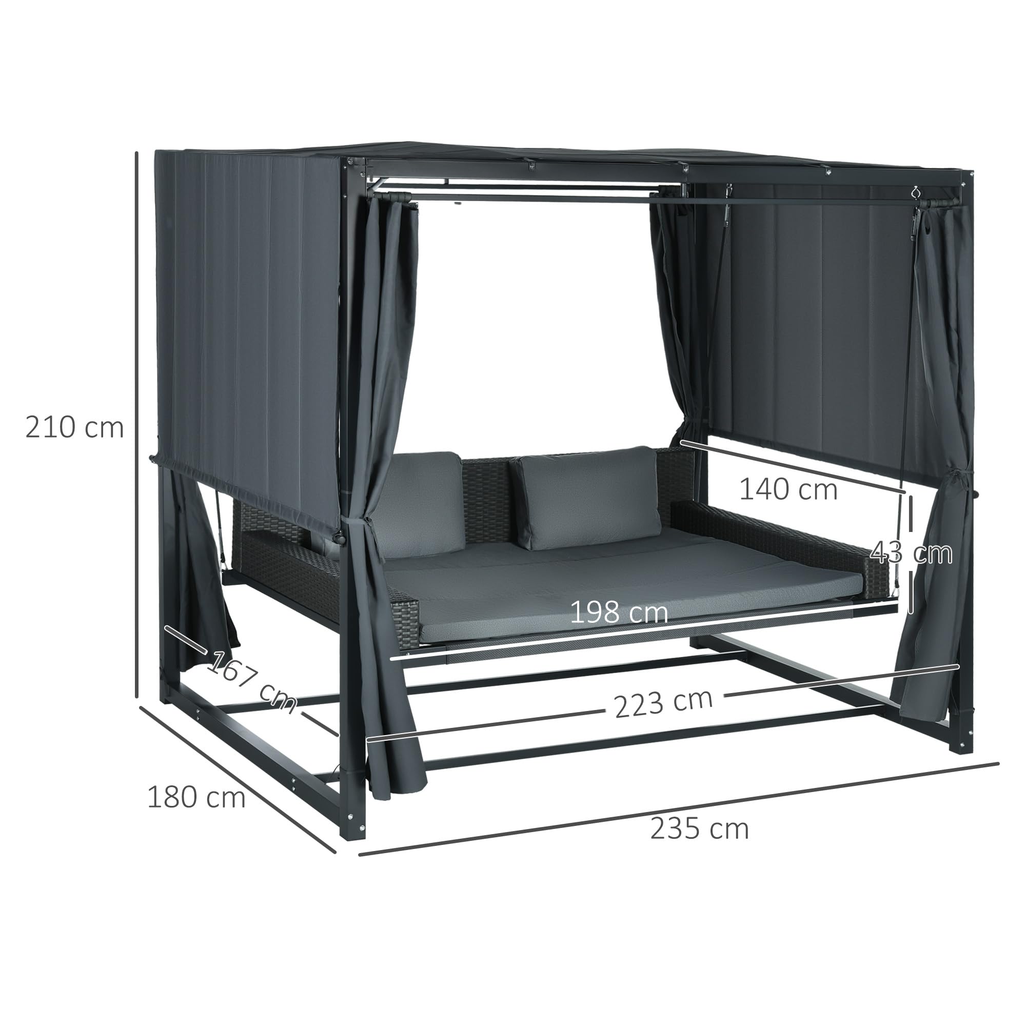 Outsunny Hollywoodschaukel mit Pergola, wetterbeständige Gartenschaukel mit Kissen, Schaukelbett für Balkon, Garten, 235 x 180 x 210 cm, Dunkelgrau