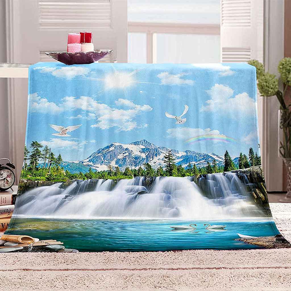 Couverture flanelle paysage de cascade bleue 150x200cm pour lit et canapé