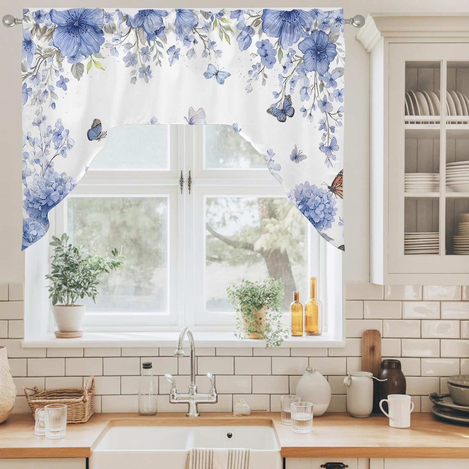 Swag Valances for Windows,Watercolor Blue Hydrangeas Kitchen Curtain Valance Short Rod Pocket Curtains Delicate Butterflies Swag Topper for Bedroom,Bathroom,Cafe,56" Wx36 L 1 Panel