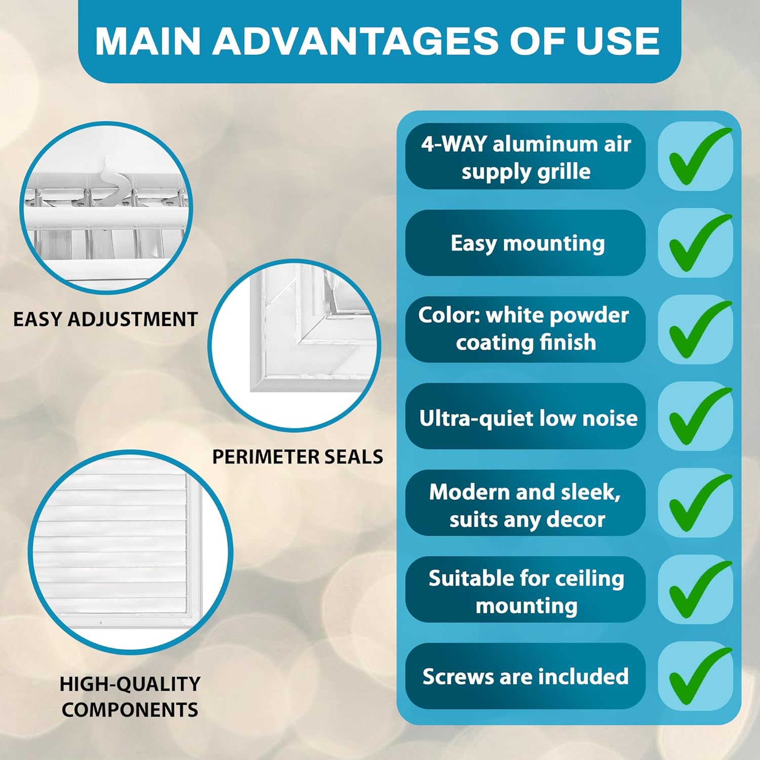 Aluminum 12 x 12 Inch 4-Way Adjustable Air Vent Cover & Deflector for HVAC, Ceiling Vent Covers, Register, Grilles & Vents, AC Vent Covers Ceiling - Improve Airflow in Your Home or Office