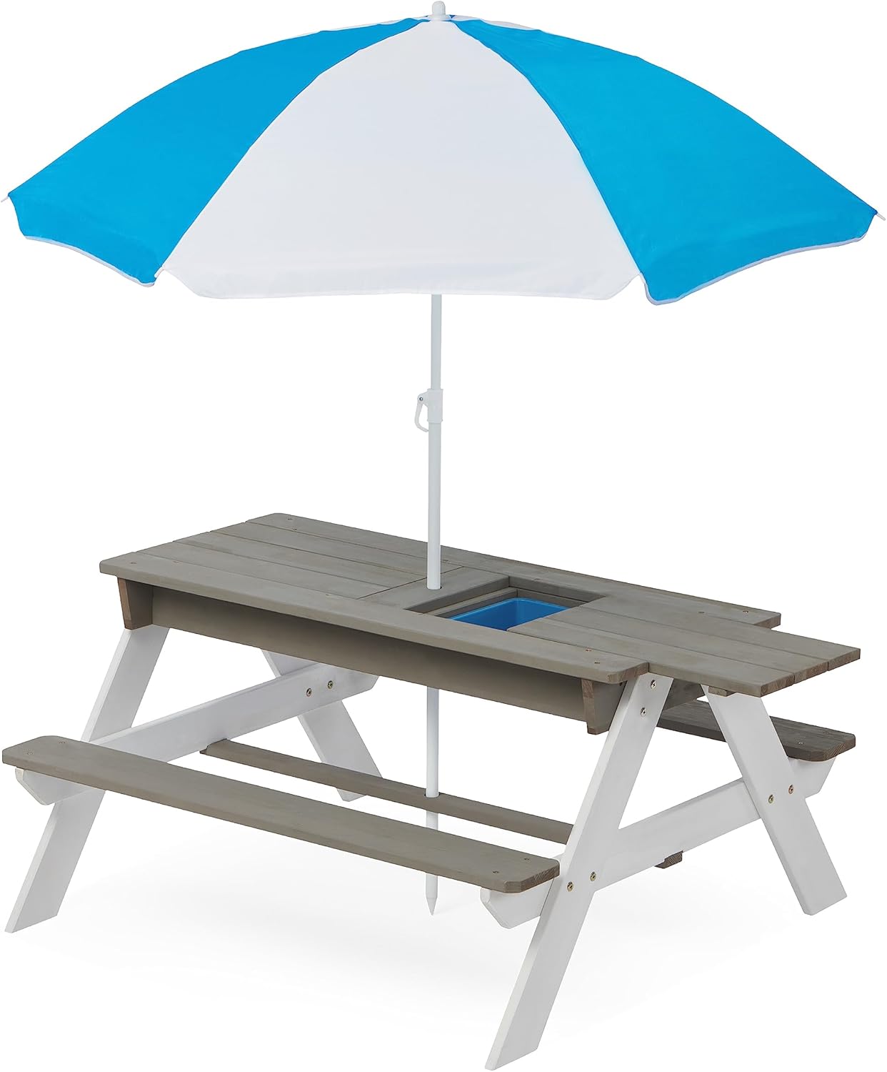 3-in-1 Kids Outdoor Wooden Sand & Water Table with Adjustable Umbrella & Sink Toys – Convertible Picnic Table, Space-Saving Design for Garden, Backyard & Beach Play (Gray)
