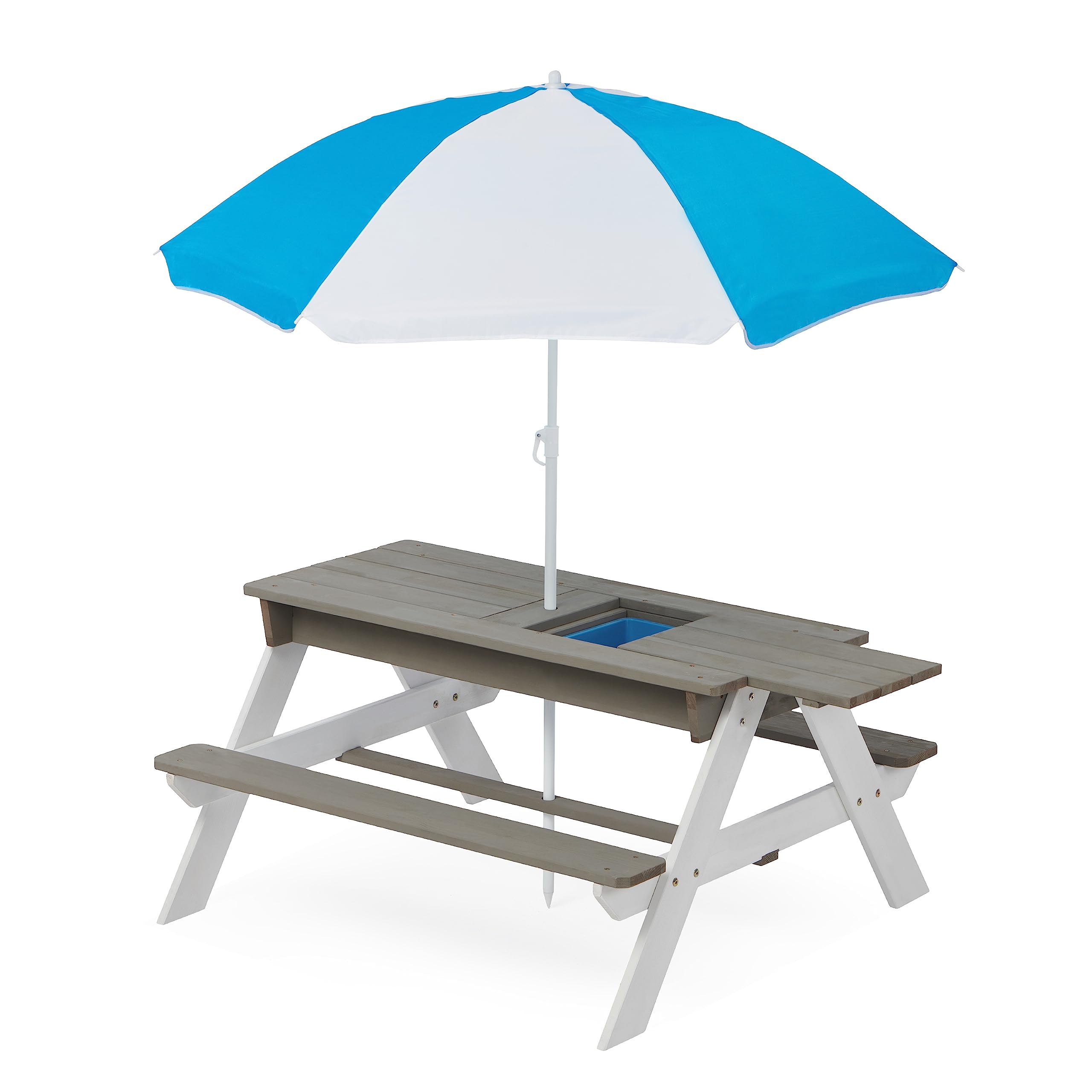 Qiaoxuan Kids Picnic Table with Removable Umbrella, 3-in-1 Sand & Water Table, Kids Wood Outdoor Backyard Furniture for Patio Garden, 2 Trays, Removable for Toddler Boys Girls Age 3+ (Gray)
