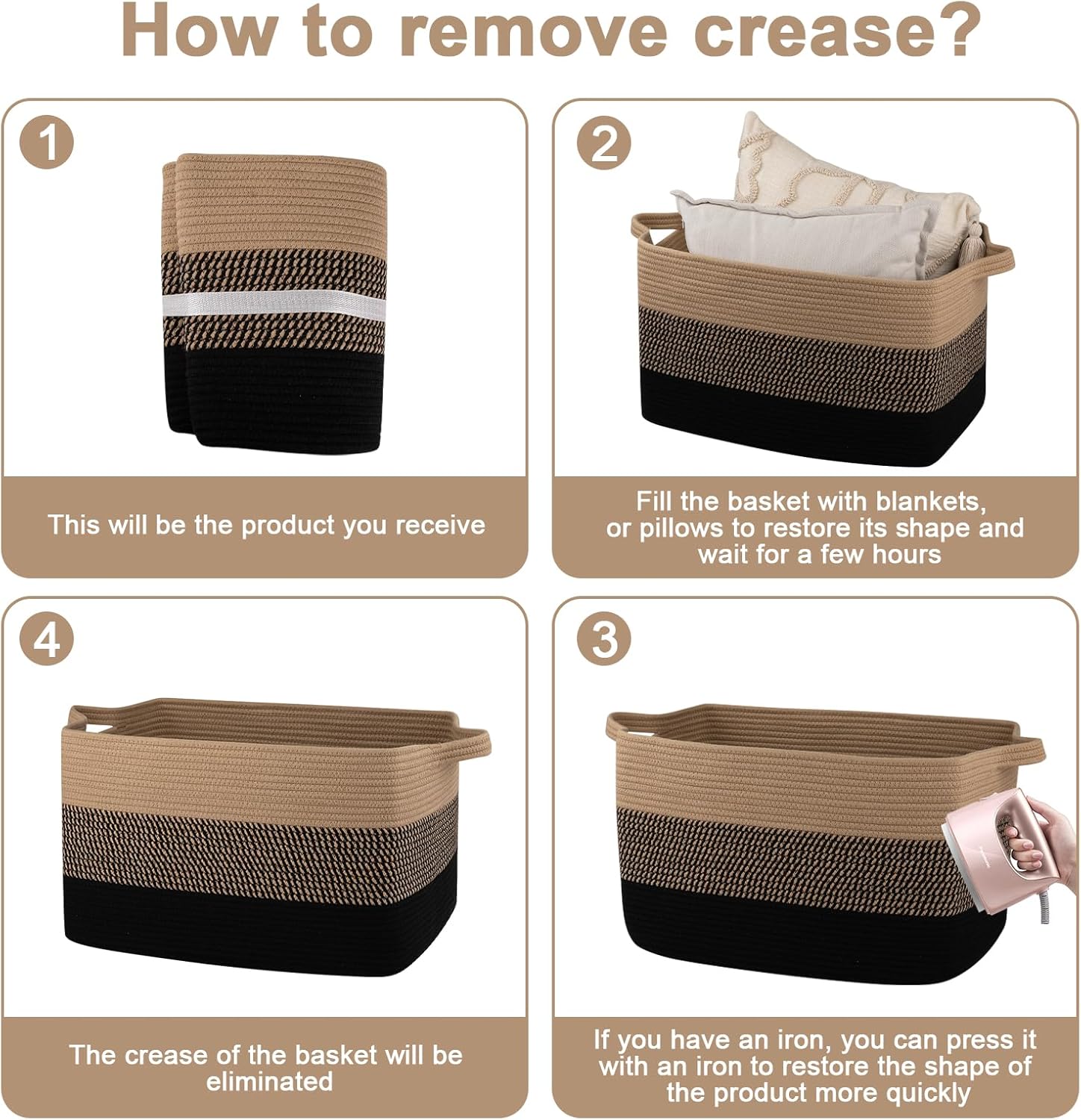 OIAHOMY Large Blanket Basket, 65L Cotton Rope Woven Laundry Basket, Toy Bin for Baby Room, Container for Blanket Storage in Living Room, 20''×16''×12'', Brown & Black