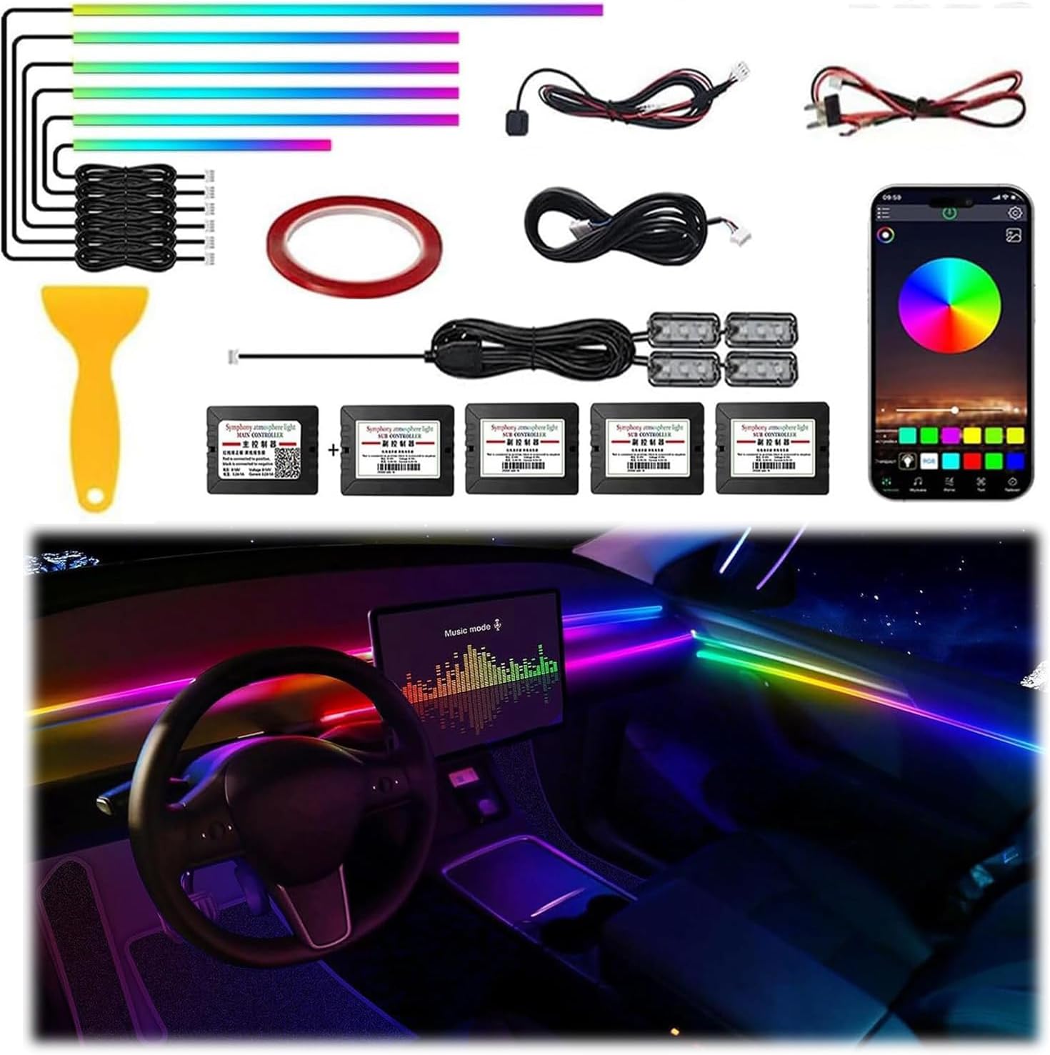 Acrylic Interior Car LED Strip Light, Dreamcolor 10-in-1 RGB Ambient Lighting with APP, 16 Million Colors 175in 600LED Music Sync Lights for Night Driving, Home, Camping & Gift Decor