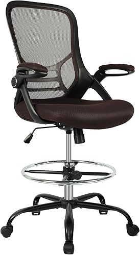 Miniatura 10 de HYLONE Silla de Dibujo Técnico Silla de Oficina Alta Respaldo Alto Taburete de Escritorio de Pie de Malla con Reposapiés Anillo Ajustable y Brazos