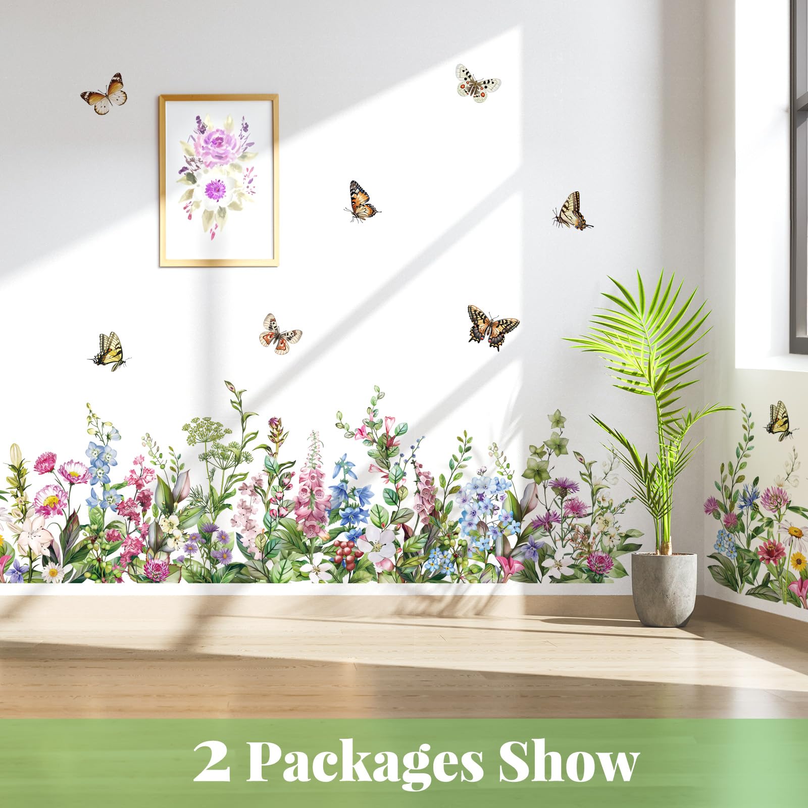 decalmile Green Grass Flower Wall Corner Decals Garden Floral Butterflies Baseboard Skirting Line Wall Stickers Bedroom Living Room Kids Room Wall Art Decor - Image 3