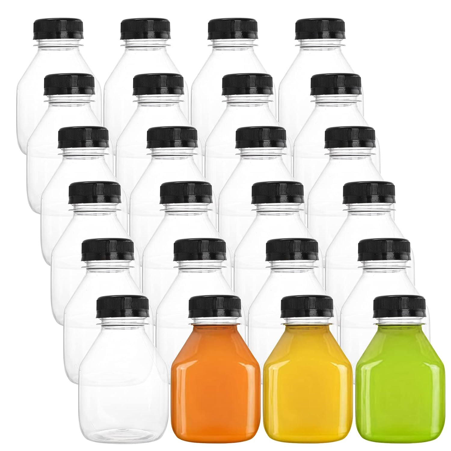 DEAYOU 24 Pack Plastic Juice Bottles, 8 OZ Empty Clear Beverage Bottles with Caps, Small Reusable Drink Container with Black Tamper Evident Lid for Take Out, Milk, Smoothie, Juicing, Cold Drinks