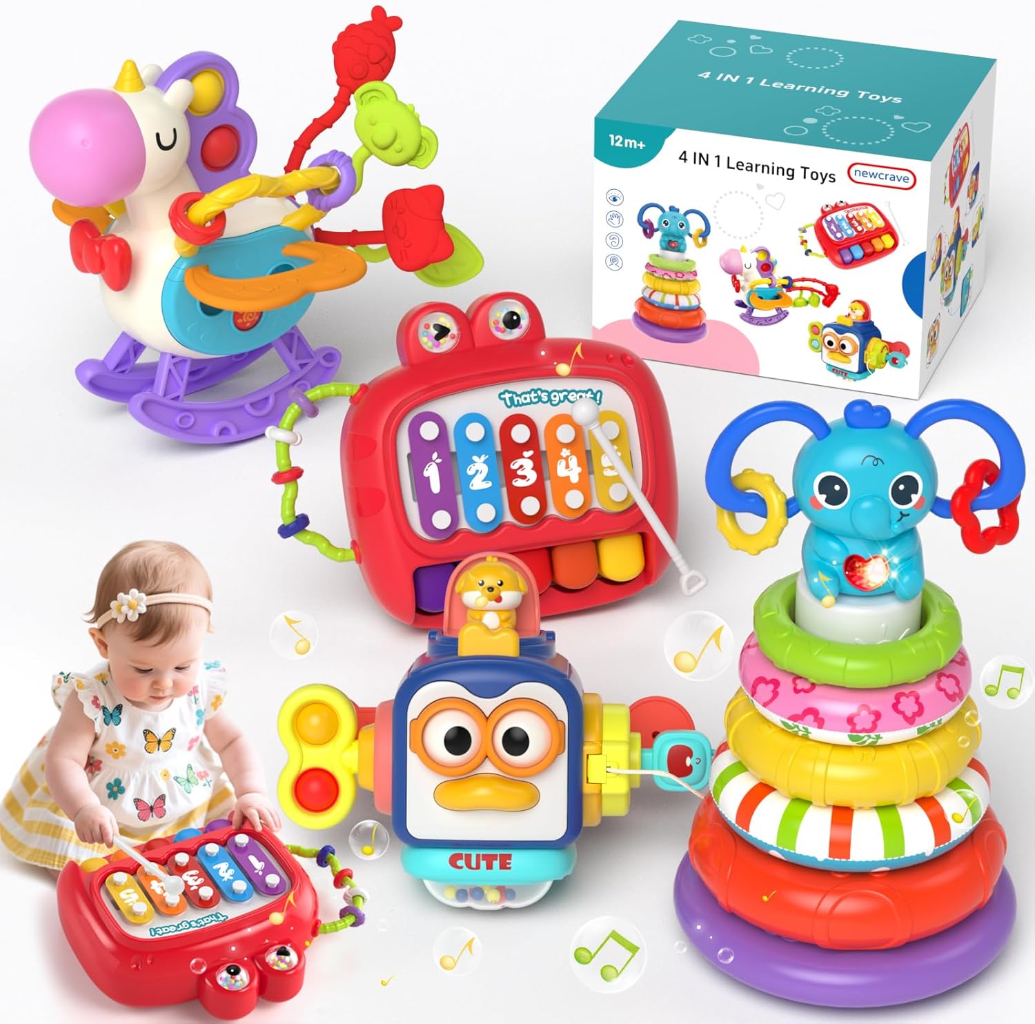 4 in 1 Baby Toys for 6-12 Months, Infant Sensory & Stacking for 1 Year Old, Dinosaur Busy Cube Toys for Babies 6-9-12 Months, Piano Xylophone Musical Travel Toy, Christmas Birthday Gifts for Toddler