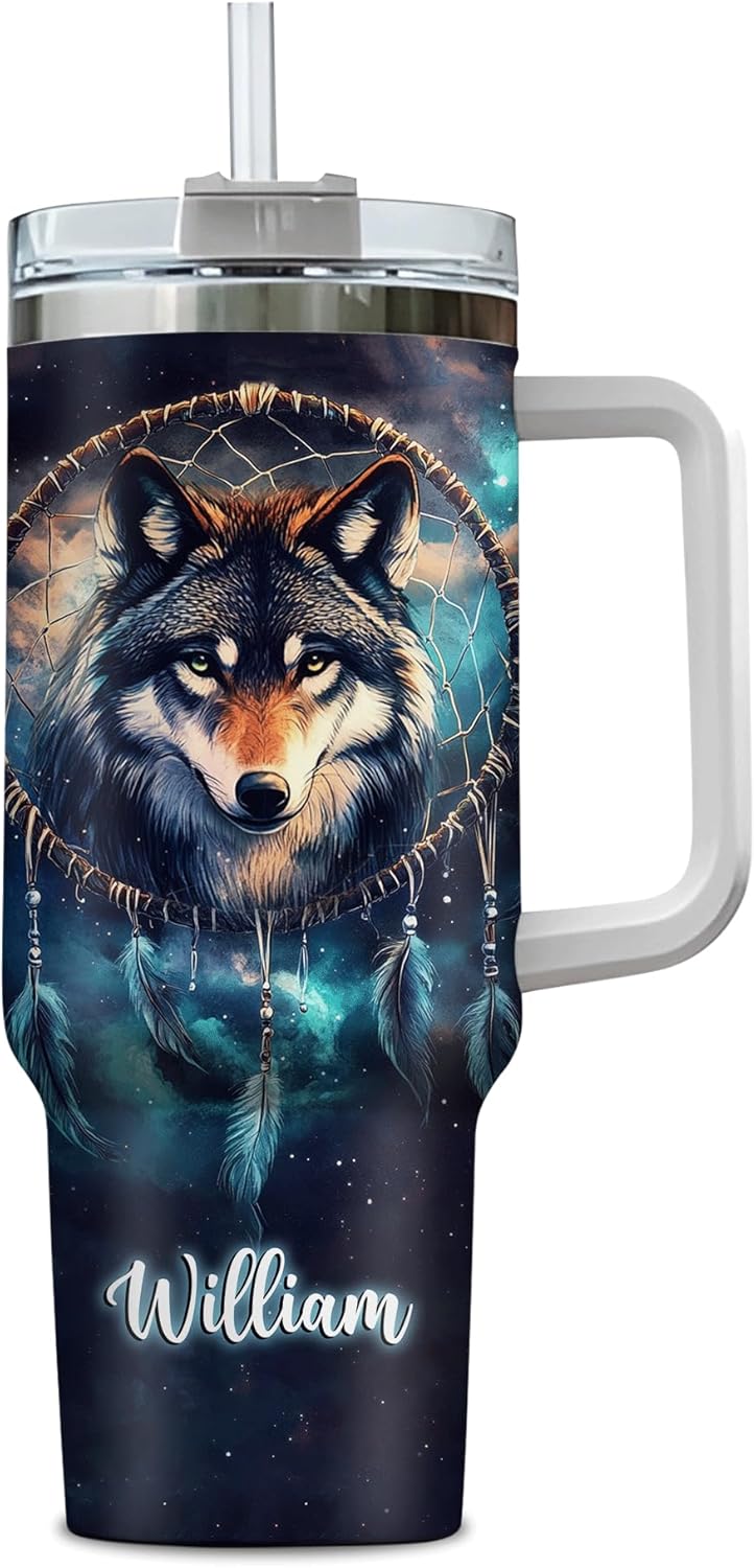Hyturtle Personalized Wolf Tumbler 40oz with Handle & Straw - Great Wolf Dreamcatcher Gifts - Animal Lover Gifts for Men Women on Birthday Christmas - Custom Name Stainless Steel Travel Coffee Cup