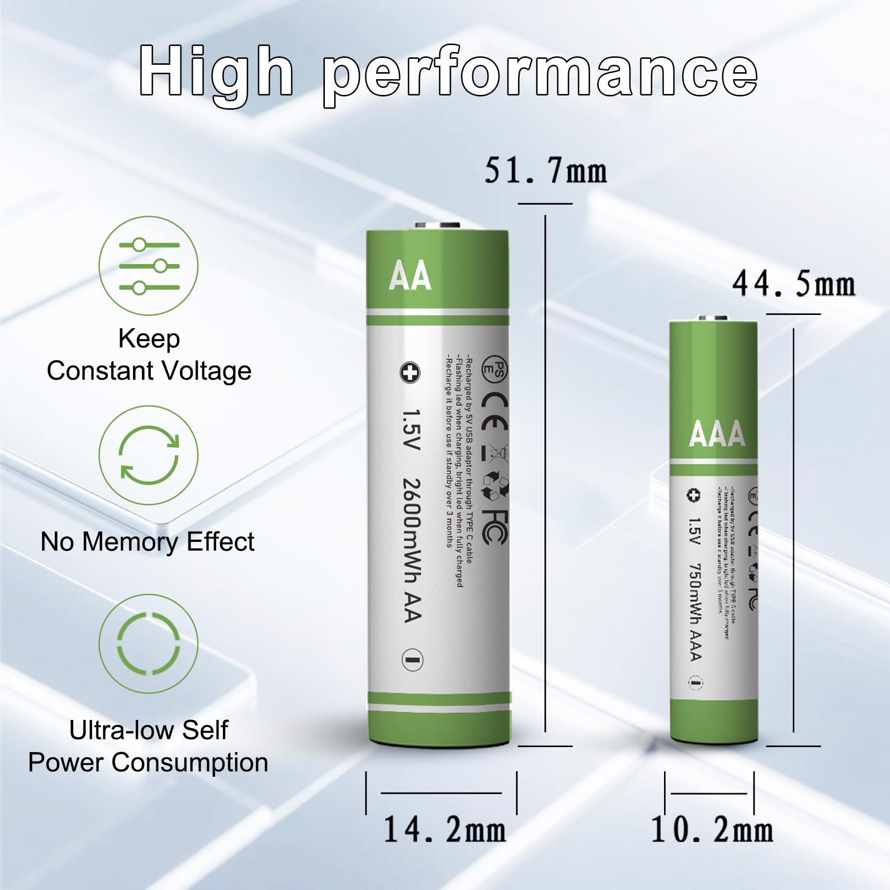 16 batterie AAA USB Type-C AAA agli ioni di litio ricaricabili, ad alta capacità, 1,5 V, 500 mAh, 750 mWh ricaricabili, con cavo di ricarica