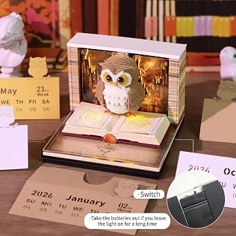 MAXFOREST 3D Calendar 2026 with LED Light & Memo Pad, Timepiece Planner Tear-Away Paper Carving Art, Creative Perpetual Organizer for Office Home Decor, Ideal New Year Holiday Gift (Owl)