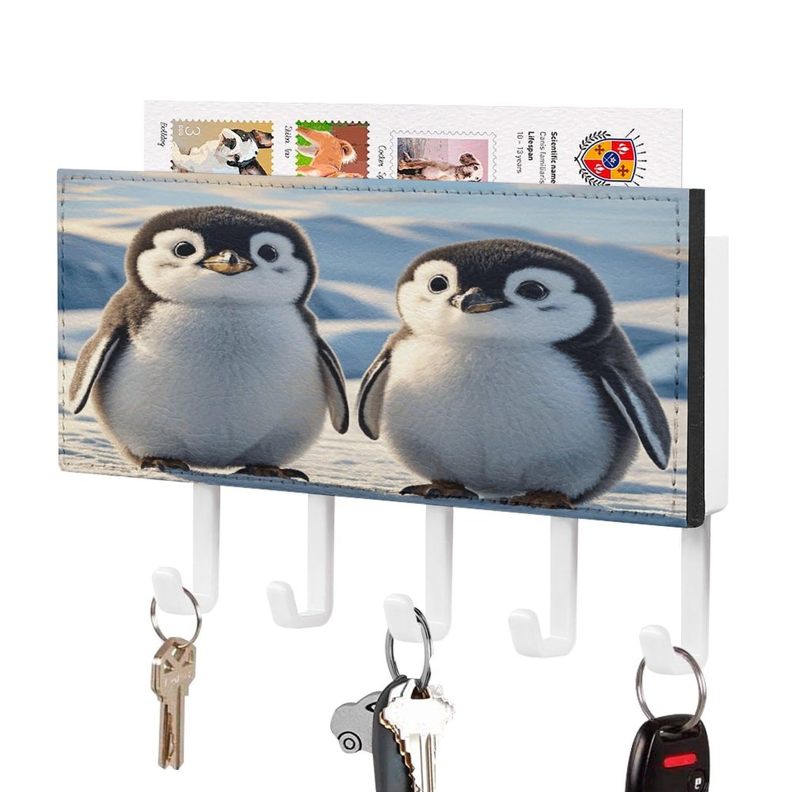 Fekiloot White-Style Cute Penguins Key Holder Wall Mount Decorative Key And Mail Holder With 5 Hooks Key Hanger Organizer Pu Key Rack Decorative Home Decor For Wall Living Room Entryway Office