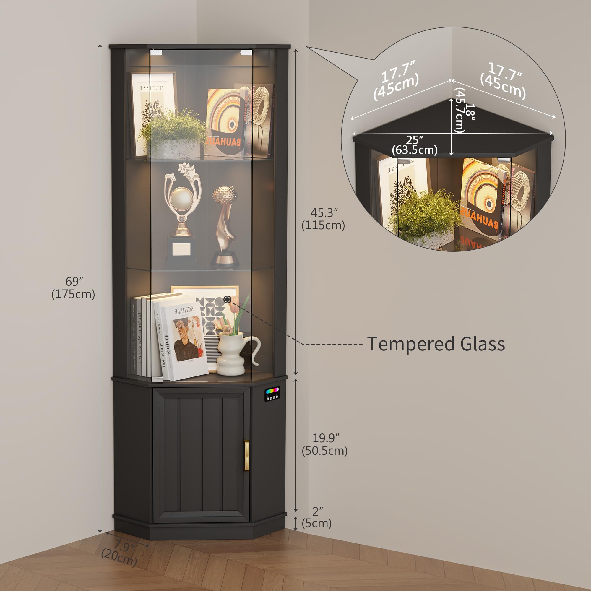 Gurexl Vetrina in Vetro con Illuminazione RGB a 24 Colori,Vetrina Angolare con Sensore e Porta In Vetros & Serratura,Vetrinas Angolare con Ripiani Regolabili e 1 Portaoggetti Per Libreria,Curio,Nero