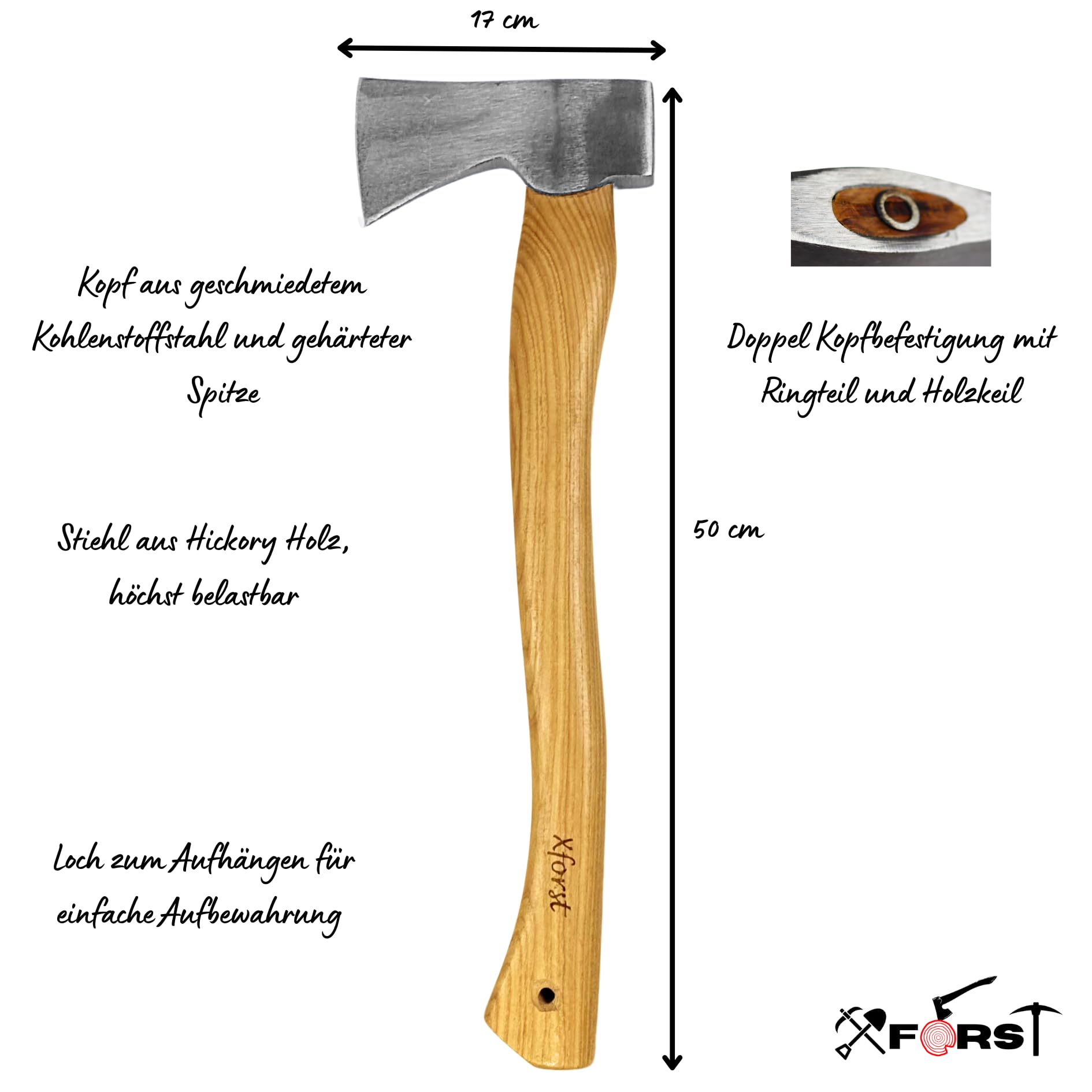 Xforst Hache X-AG3 – Hache Forestière 50 cm en Acier Forgé avec Manche en Bois de Hickory – 1,15 kg – Spaltaxt, Hache de Bois & Camping