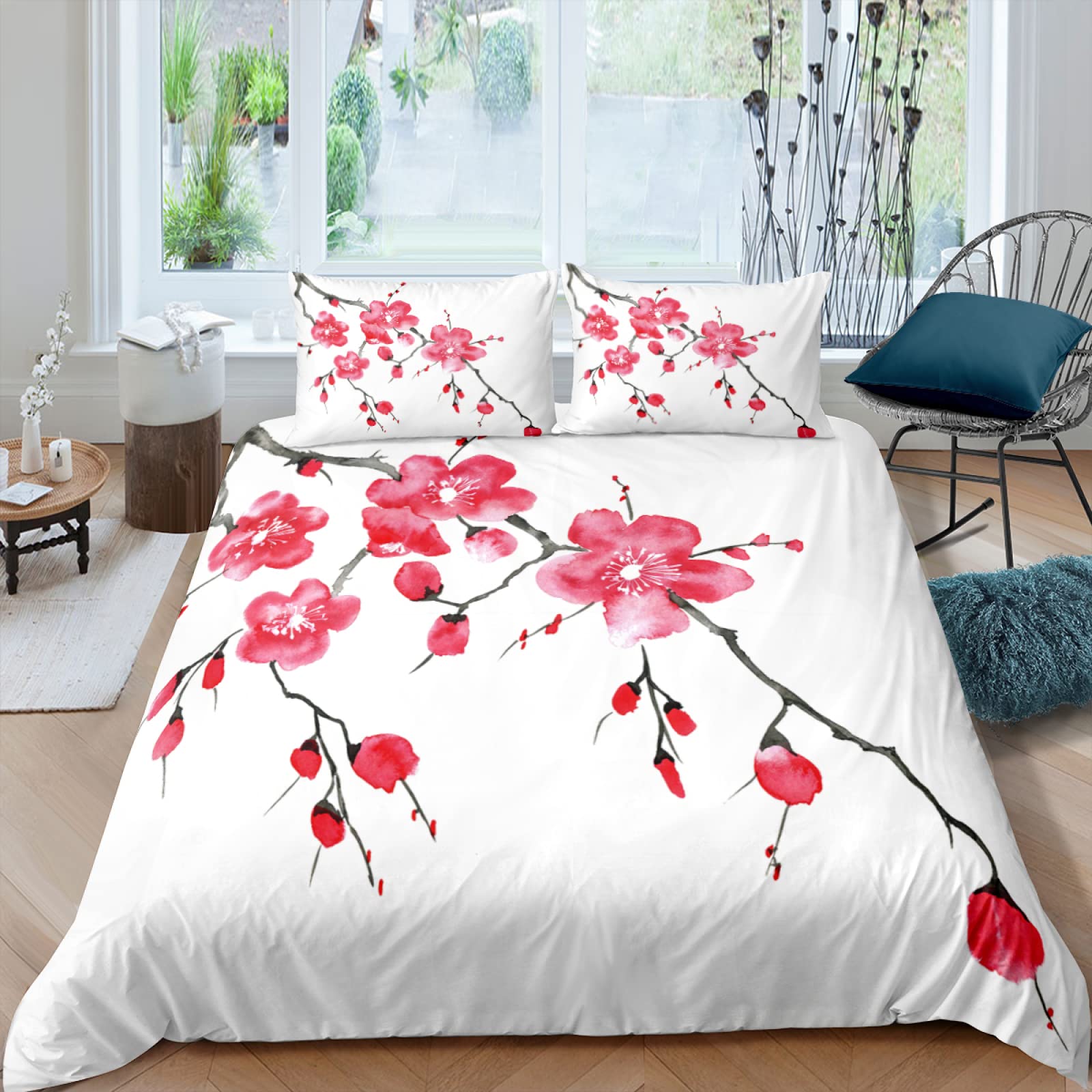 Japanse kersenbloesems beddengoed sets, luxe zacht microvezel dekbedovertrek voor kinderen tieners volwassenen, 1 dekbedovertrek 220x200 cm met rits en 2 kussenslopen 50x75 cm