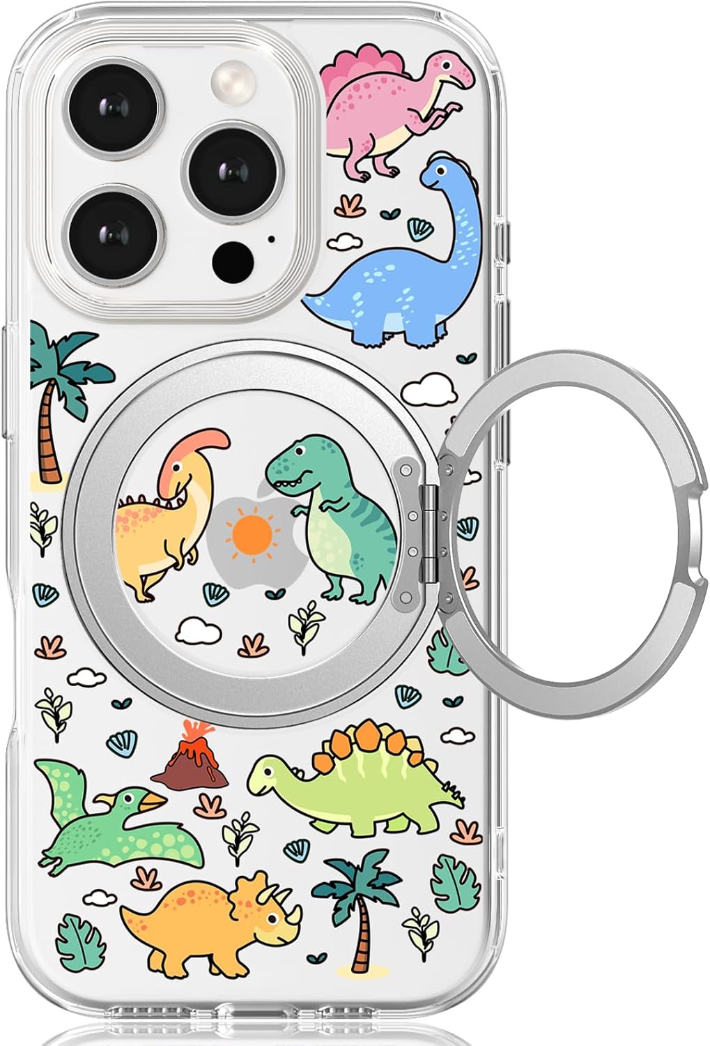 for iPhone 16 Pro Phone Case Kickstand Compatible with Magsafe, 360° Ring Holder Colorful Dinosaur A Design for Kids Gifts Shock Proof Heavy-Duty Protection for Girls Boys Women Men