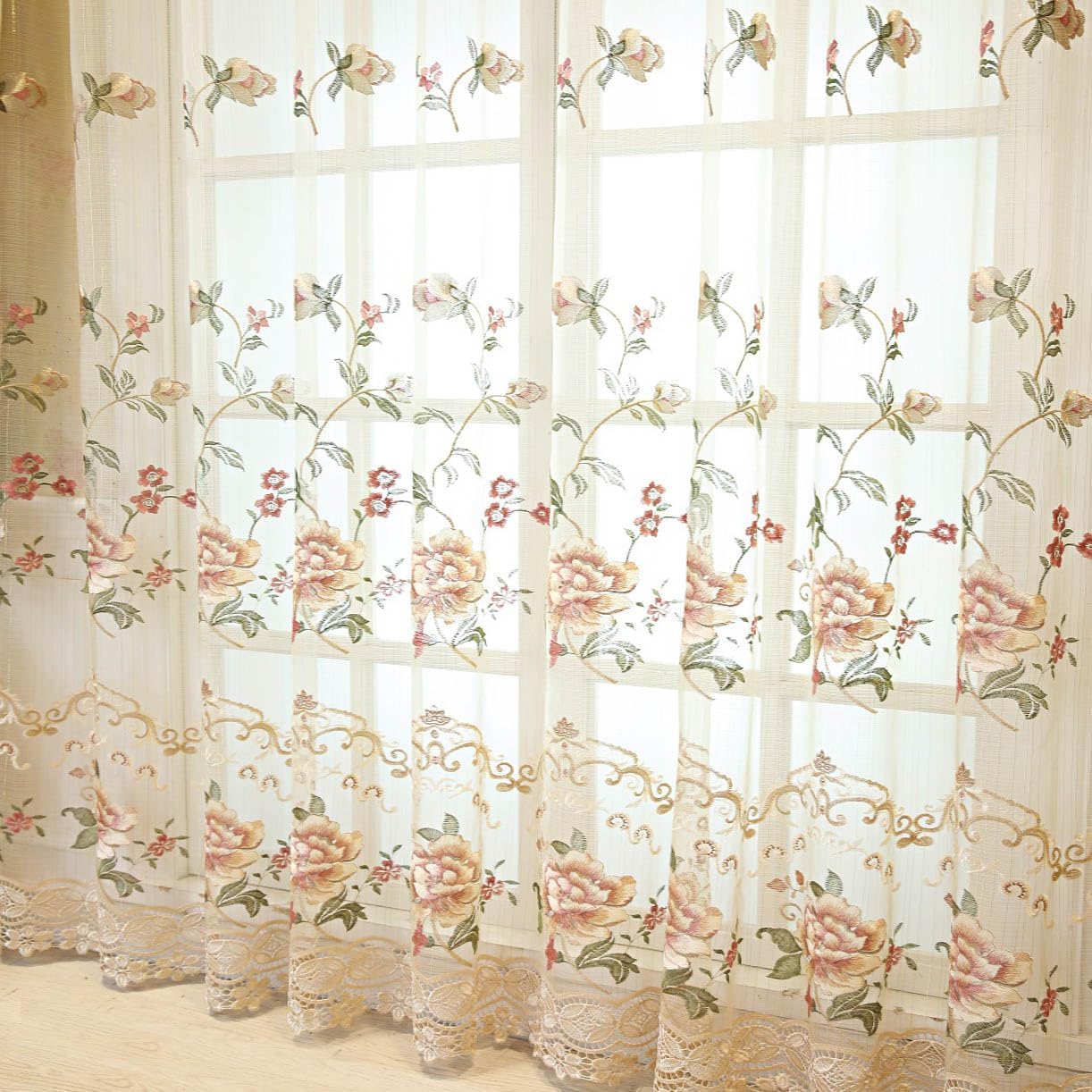 Grommet Semi Sheer Curtains European and American Luxury Floral Embroidered Window Treatments Voile Drapes Panel for Living Room Decoration Curtain Draperies 1 Panel 52Wx84L inch