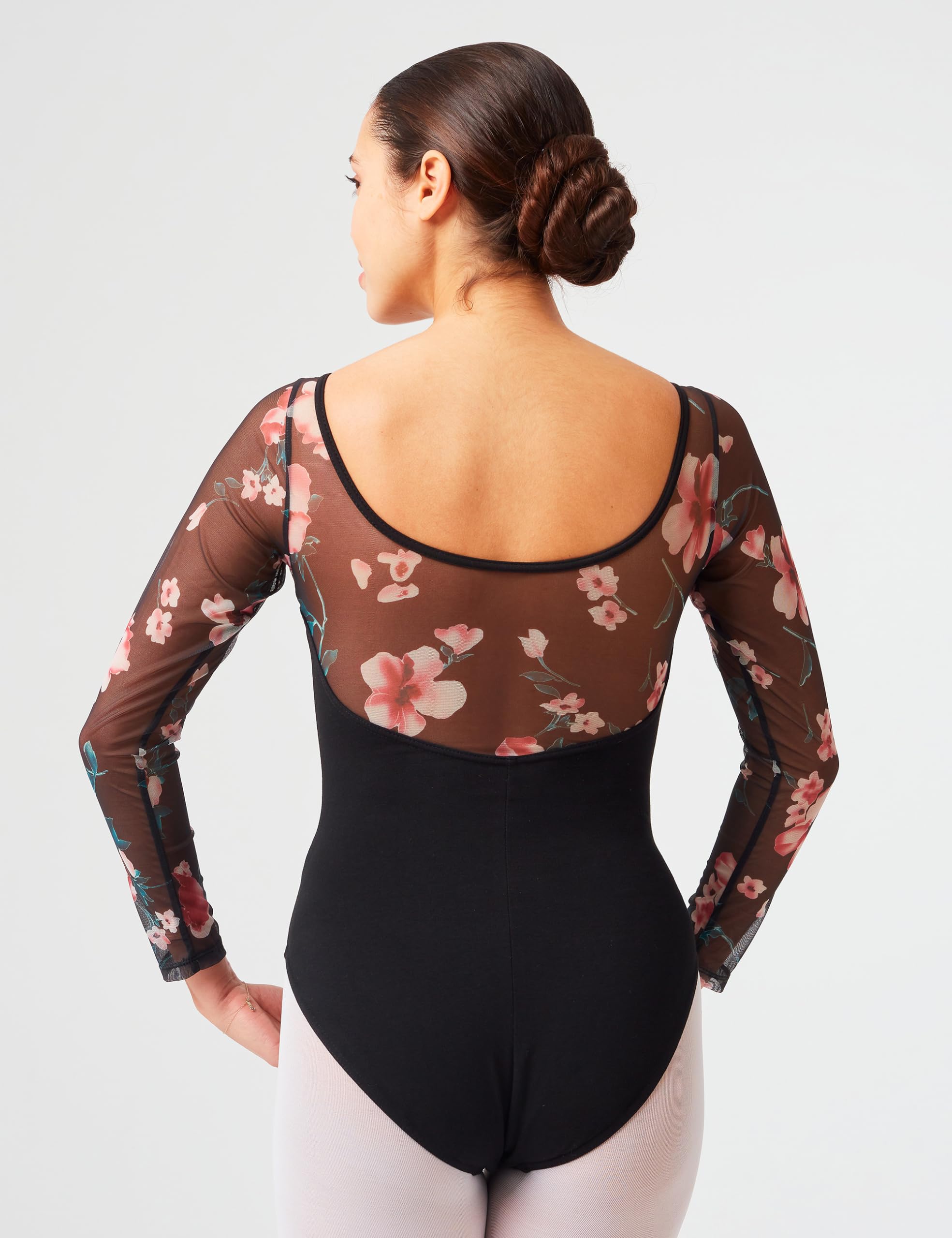 tanzmuster Ballett Trikot Damen Langarm - Dora - Baumwolle - BH-Pad-Einschub - Netzärmel geblümt - Tanz Body - Ballettkleidung für Erwachsene