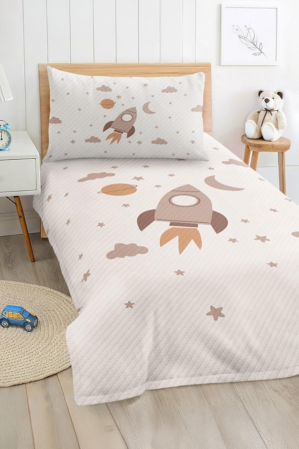 SODEF Quilt Set Twin Size Rocket and Planet Design Beige Color, Soft Cotton Polyester Blend, 2 Piece Set for Kids - Multicolor, One Size