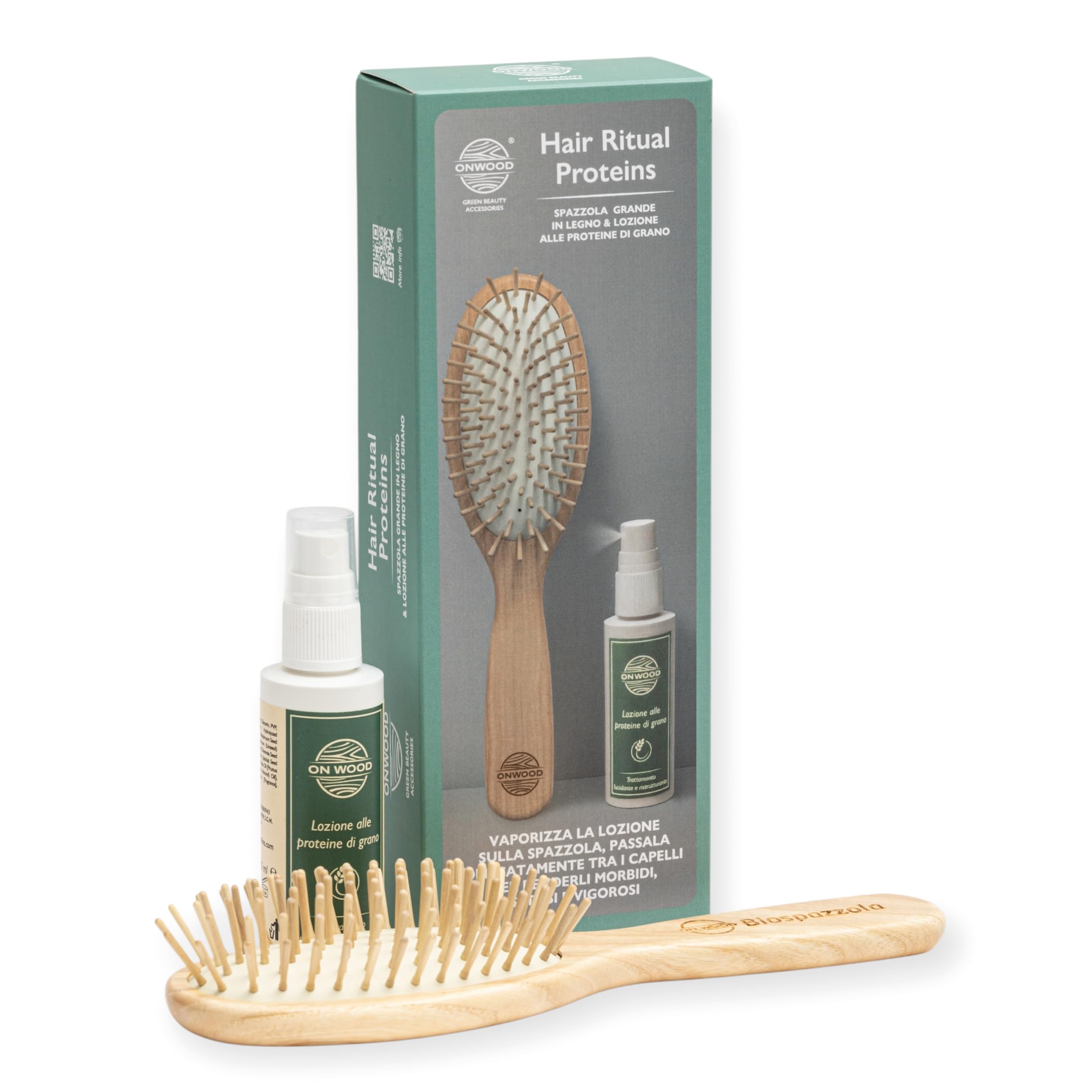 ONWOOD Cepillo de madera para el cabello con loción de proteínas de trigo para masaje de cuero cabelludo – Fortalece el cabello y contrasta la caída – Cepillo grande fabricado en Italia