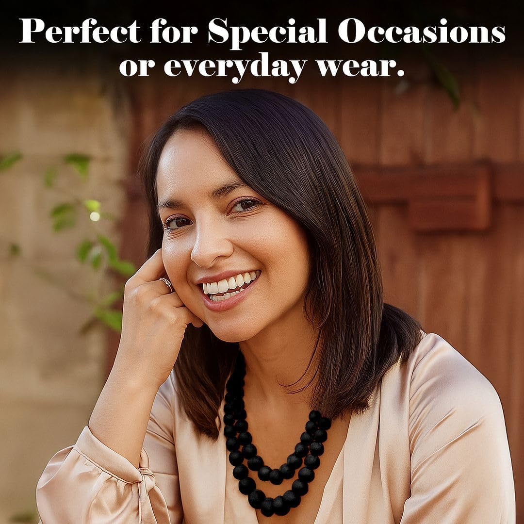 Wood Mix Stainless Steel Double Row Beaded Necklace for Women Jewelry Size 18" - Shiny Durable Beads Statement Engagement Necklaces Her - Wedding Anniversary Birthday Christmas Gifts for Women