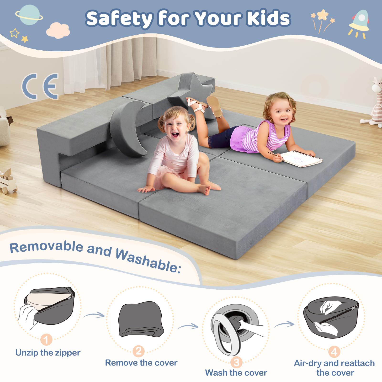 9-teiliges Modulares Spielsofa Grau, DIY Kindercouch mit Stern- und Mondkissen, Umwandelbar als Sofa & Spielburg, Weiches Schaumstoff-Sofa für Kinder