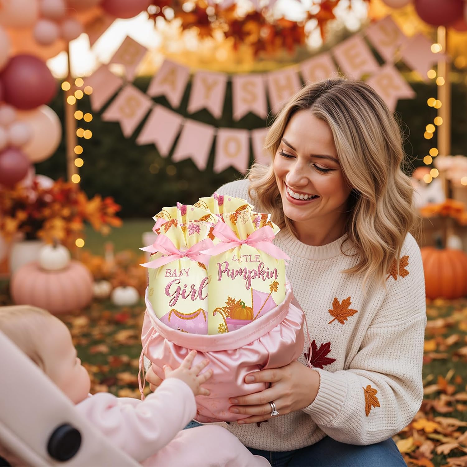 Funrous 60 Pcs Thanksgiving Little Pumpkin Treat Bags Fall Baby Shower Drawstring Candy Goodie Bags Bulk Autumn Maple Leaf Party Favors for Gender Reveal Birthday Supplies(Pink)