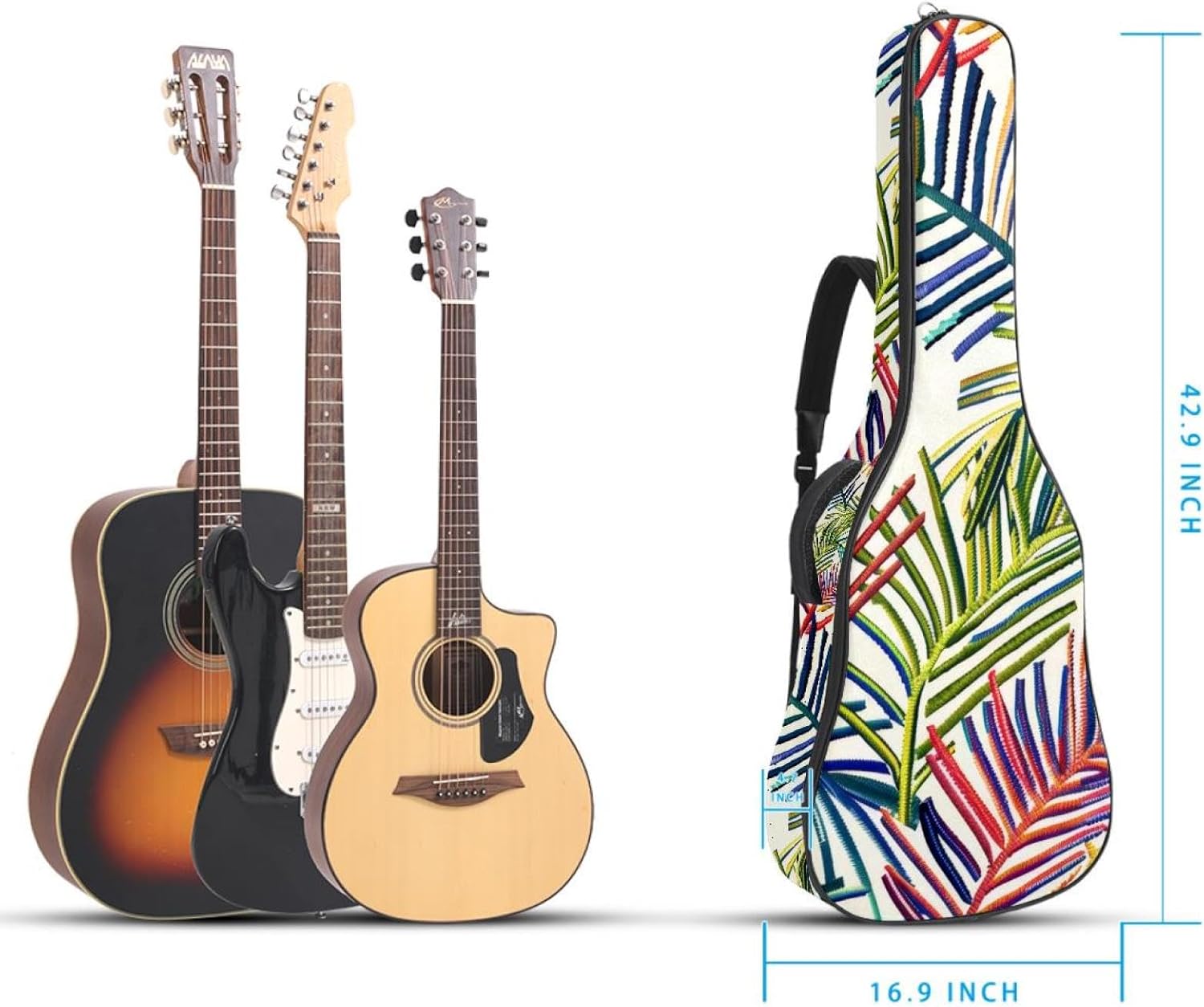 Acoustic Guitar Bag 0.4 Inch Thick Padding Waterproof Guitar Case Gig Bag for 40 41 42 Inch Electric Bass Classical Guitar, Colorful Tropical Palm Leaves Pattern