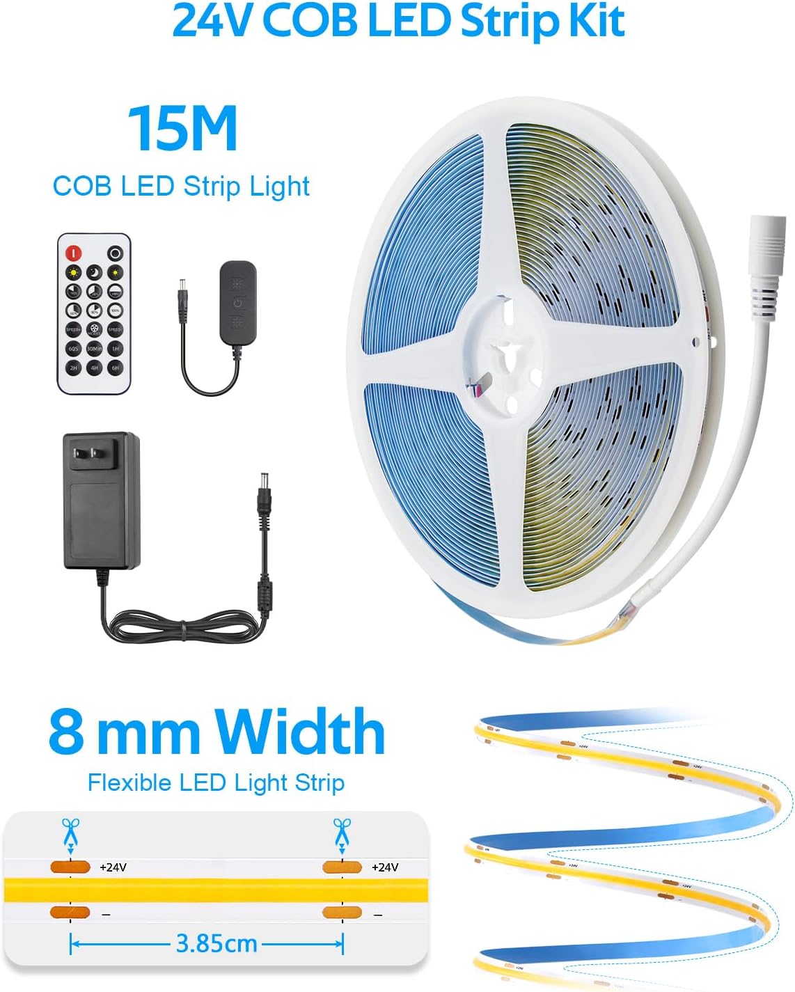 Aclorol 50FT LED Strip Lights COB 3000K Warm White Dimmable 24V LED Light Strip Kit High Density Bright Tape Lights with Power Supply for Cabinet Display Home DIY Lighting Projects CRI85+ 320LEDs/M - Image 6