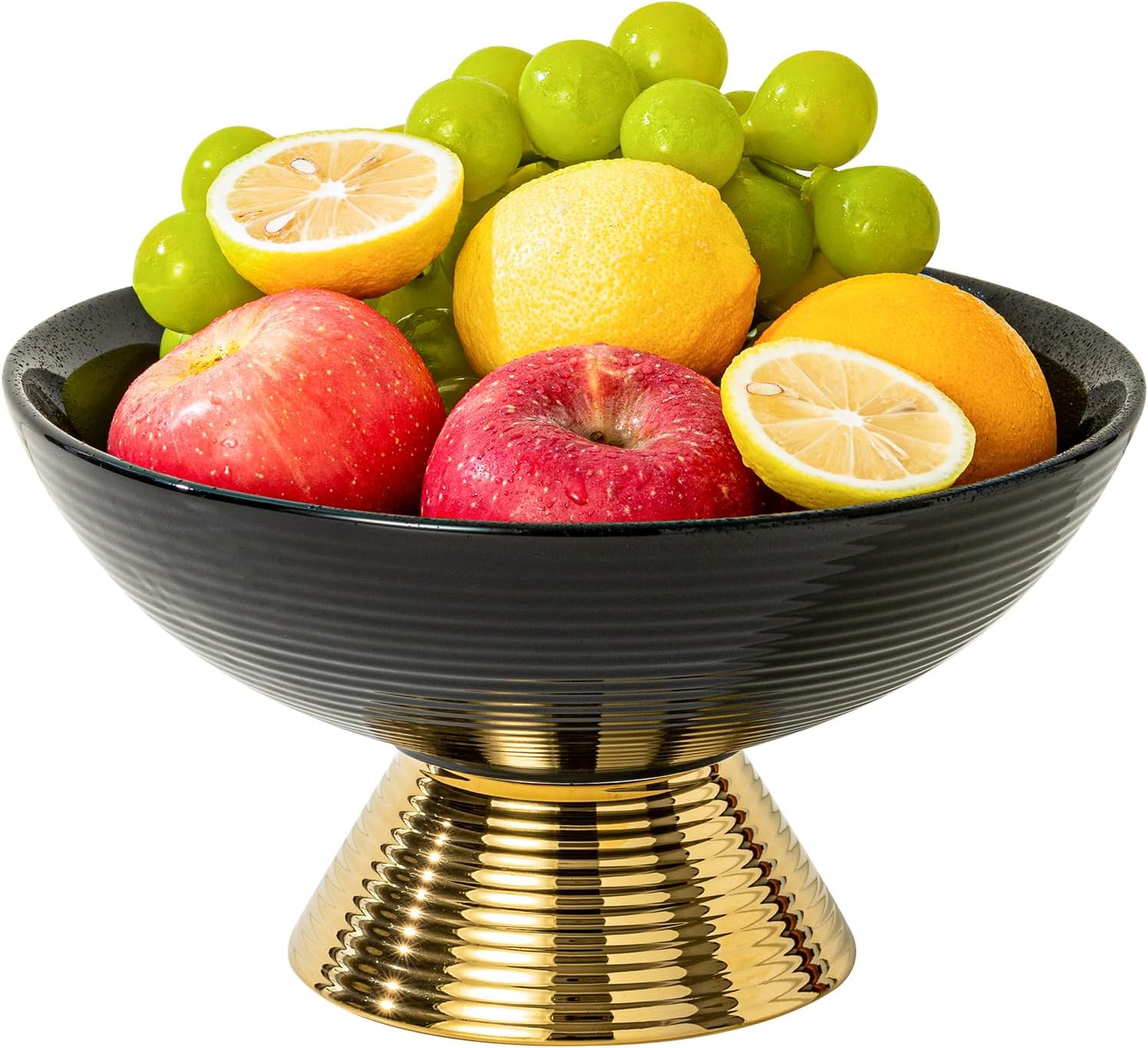 Ceramic Fruit Bowl,10-Inch Large Decorative Bowls,Pedestal Tray with Gold Base for Kitchen Counter, Bread and Fruit Trays,Salad or Dessert Display Trays for Parties. (Black)