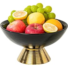 Ceramic Fruit Bowl,10-Inch Large Decorative Bowls,Pedestal Tray with Gold Base for Kitchen Counter, Bread and Fruit Trays,Salad or Dessert Display Trays for Parties. Black