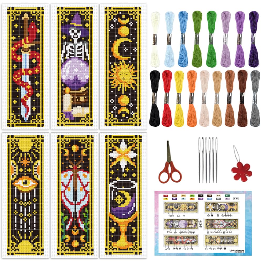 INFUNLY 6pcs Sun and Moon Astrology Cross Stitch Bookmark Kits Evil Eye DIY Cross Stitch Kit for Beginners with Instruction Moon Phases Divination Stamped Embroidery Bookmark Kit for Book Lovers Gift
