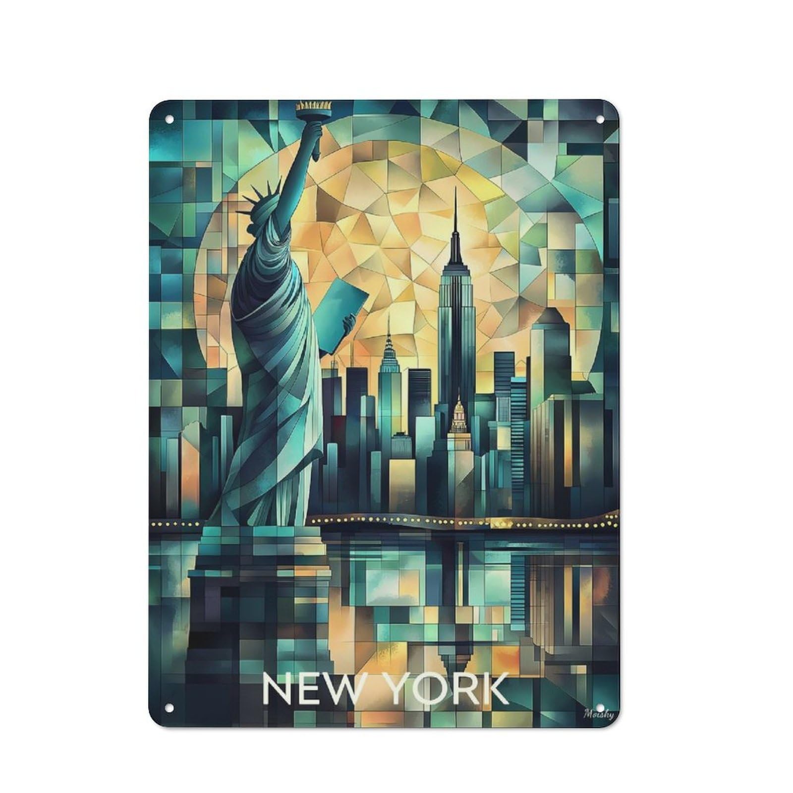 Junmoney Cubist New York Skyline With Statue Of Libert Vintage Tin Sign 40X30cm With Y For Hobby Room Or Studio, For Studio Owners Refreshing A Room In Autumn