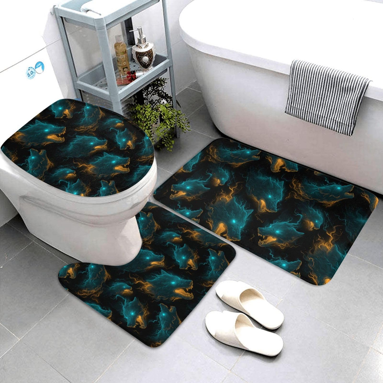 Tapis de bain loup imprimé vert pour une ambiance nature et moderne