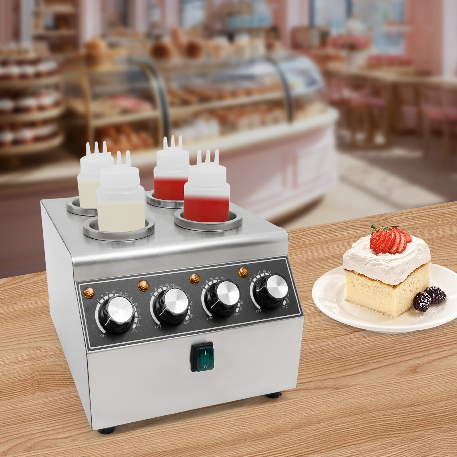 Calentador de salsas eléctrico de acero inoxidable con botellas de exprimidor – Dispositivo de mesa para mantener las salsas calientes, 800 W de potencia, 4 botellas (0,68 L), para restaurantes y