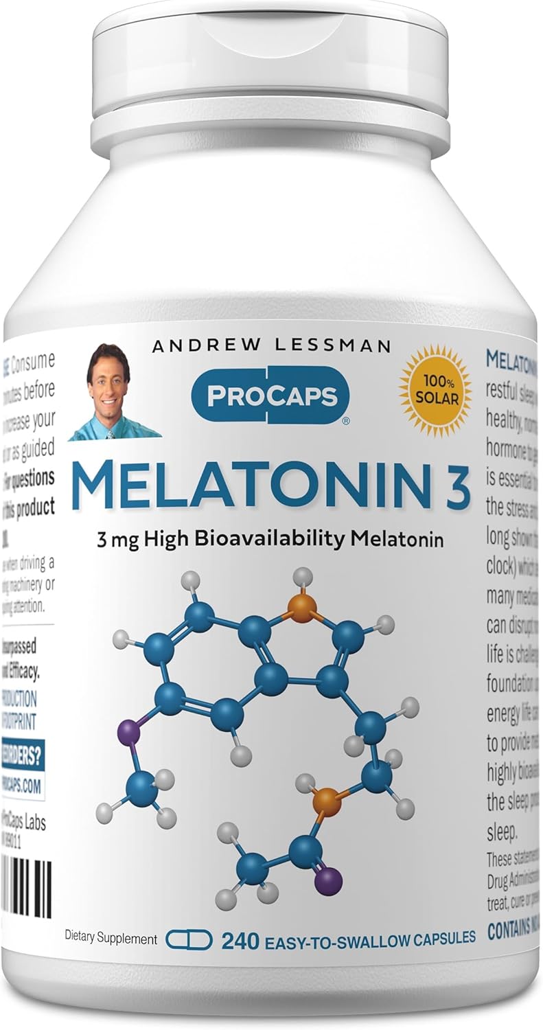 ANDREW LESSMAN Melatonin-3 mg - 240 Capsules - Physiologically Balanced Levels to Naturally Promote Restful Sleep. Regulates Daily Circadian Rhythm. Facilitates Sleep. No Morning Hangover