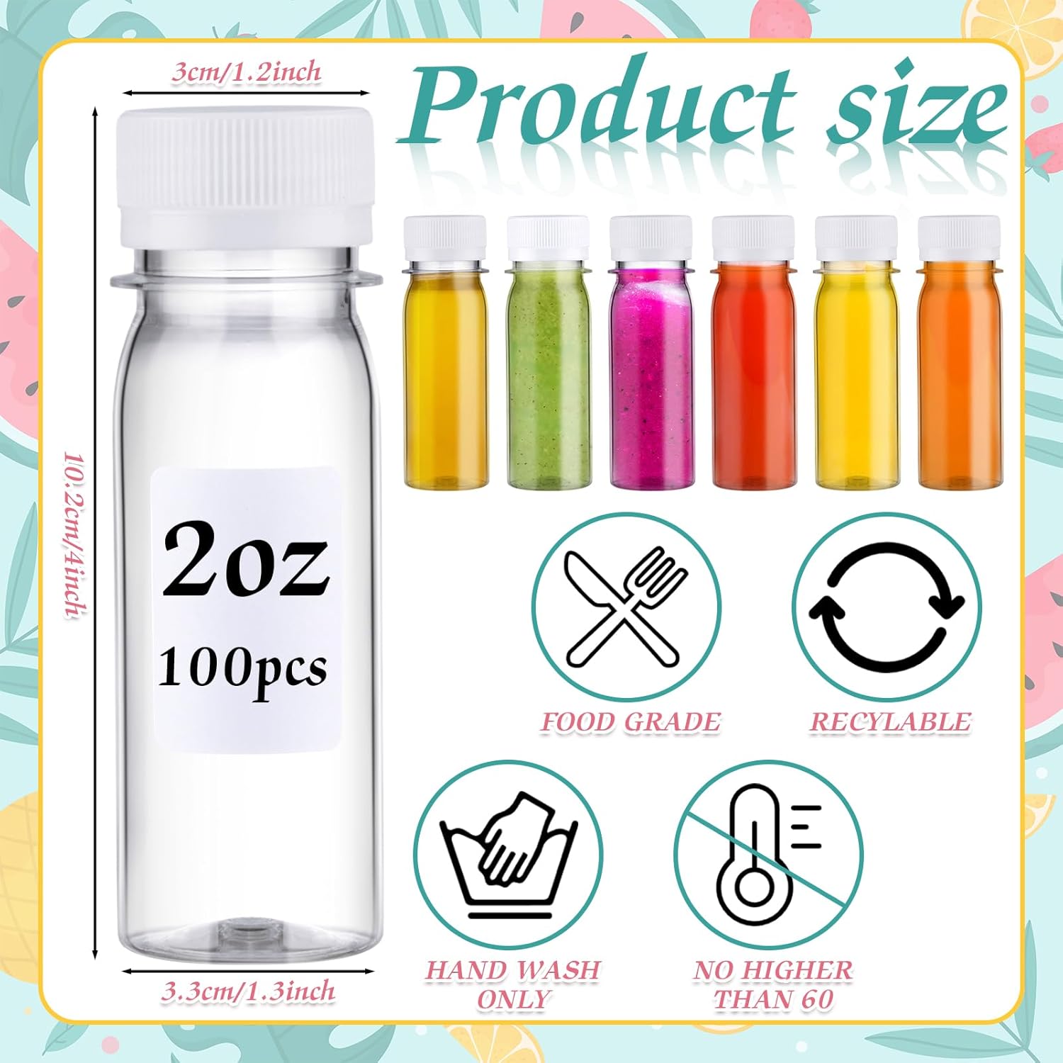 FoldTier 100 Pcs Plastic Juice Shot Bottles with Caps Small Clear Ginger Shots Bottles for Liquids Juice Jars Leakproof Containers with White Lids Marker Pen Labels for Essential Oil Milk Water (2 oz)