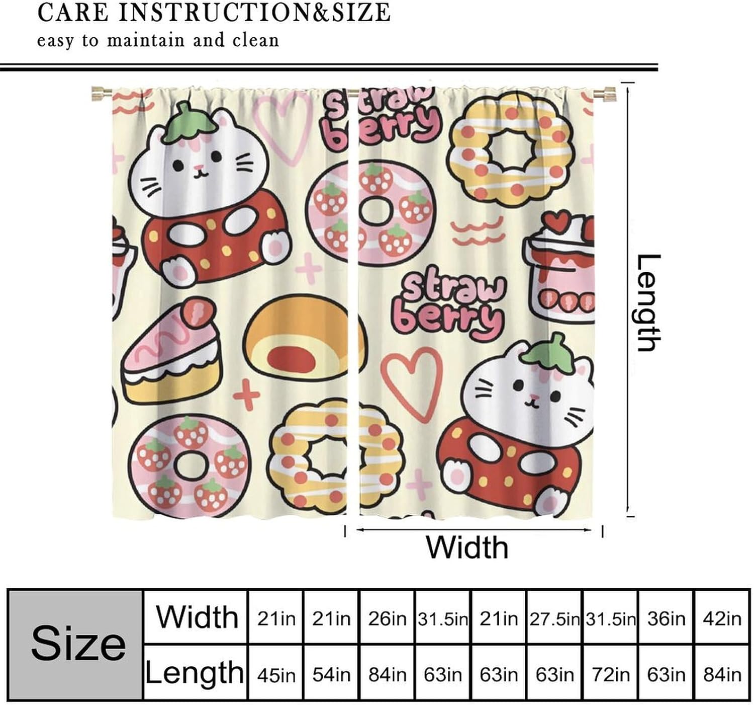Cute Cat Curtains for Girls, Cartoon Pink Strawberry Cake Donut Kawaii Pet Animal Blackout Window Drapes for Kids Bedroom Livingroom, 42" W X 54" L