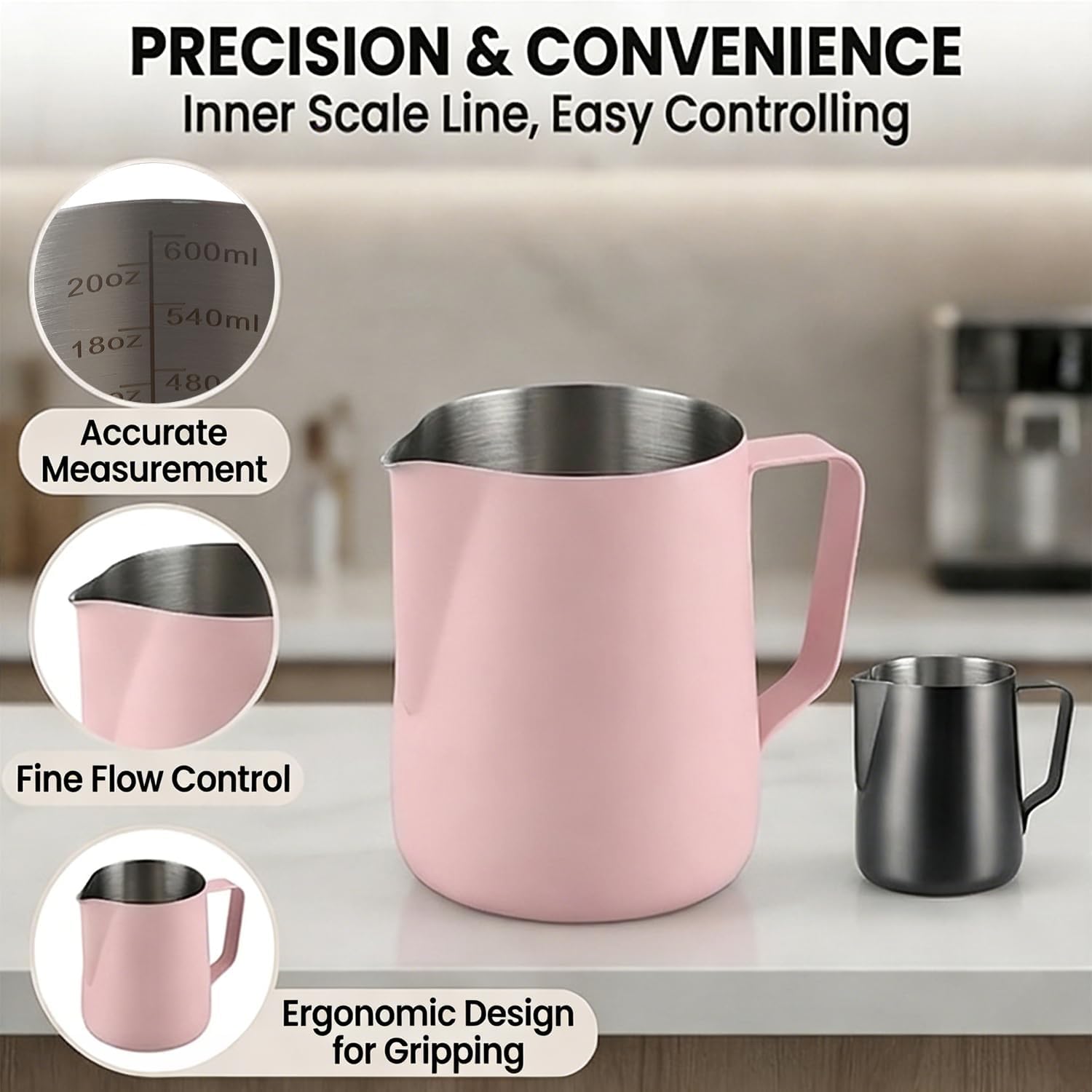 Milk Frothing Pitcher 20oz (600ml) – Stainless Steel Latte Art Pitcher with Inner Scale & Pointed Spout for Espresso Machine & Coffee Barista Tools – Pink Stainless Steel Milk Frother