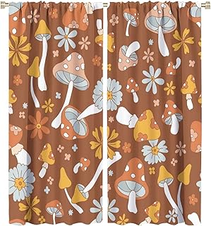 Mushroom Curtains Cartoon Cute Mushrooms Flower Brown Blackout Print Rod Pocket Window Drapes for Bedroom Living Room 42x45in