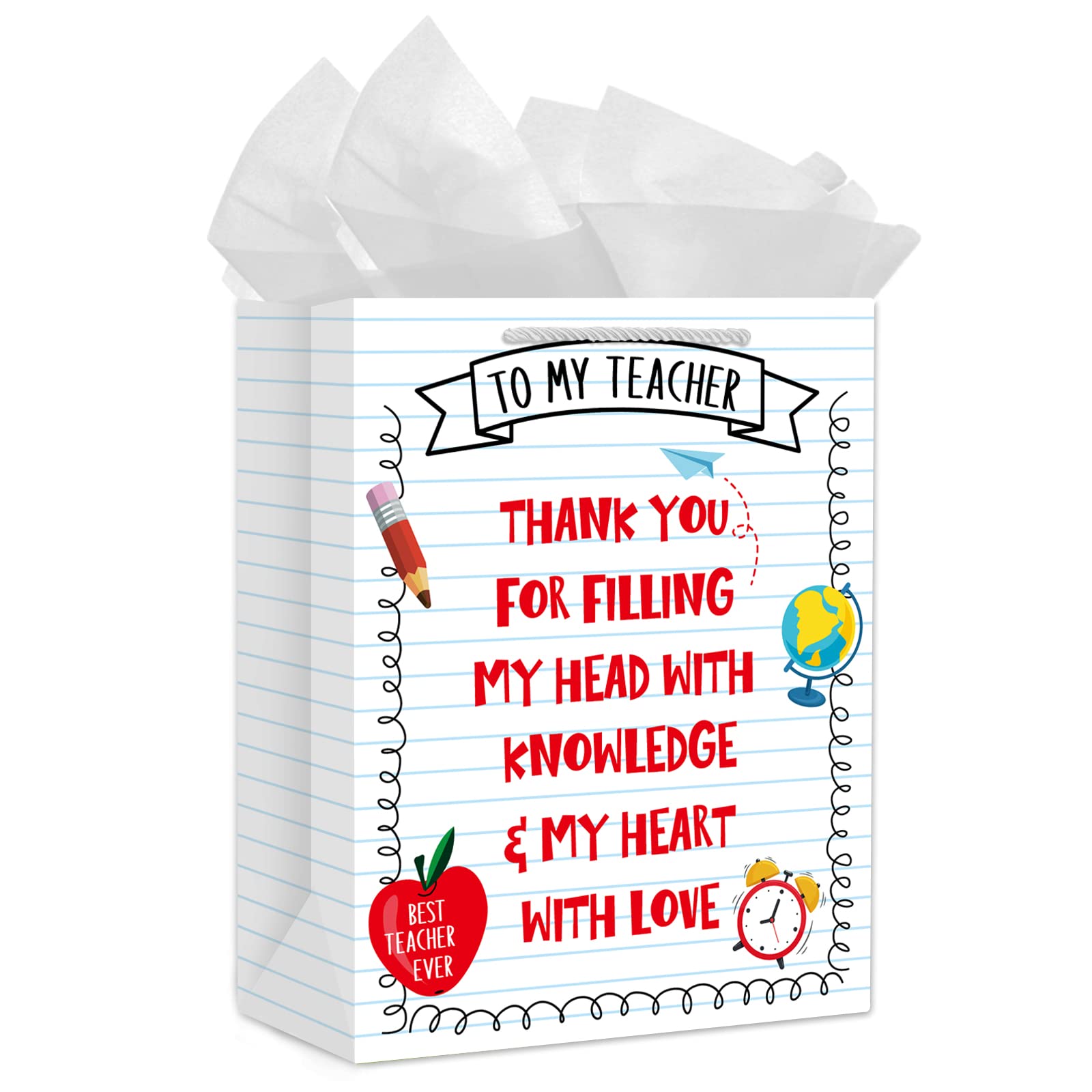 PETCEE Teacher Appreciation Gift Bags - 11.5" Teacher Gift Bags with Tissue Paper Thank You Teacher End of Year Gifts for Retirement Teachers Graduation Wrapping Paper Bag for Teachers Women Men