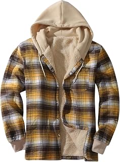 Men's Winter Jacket Fleece Jacket Checked Hooded Jacket Breathable Warm Winter Coat Lined Thickened Sweat Jacket Outdoor Ski Jacket Leisure Hiking Jacket, yellow, L