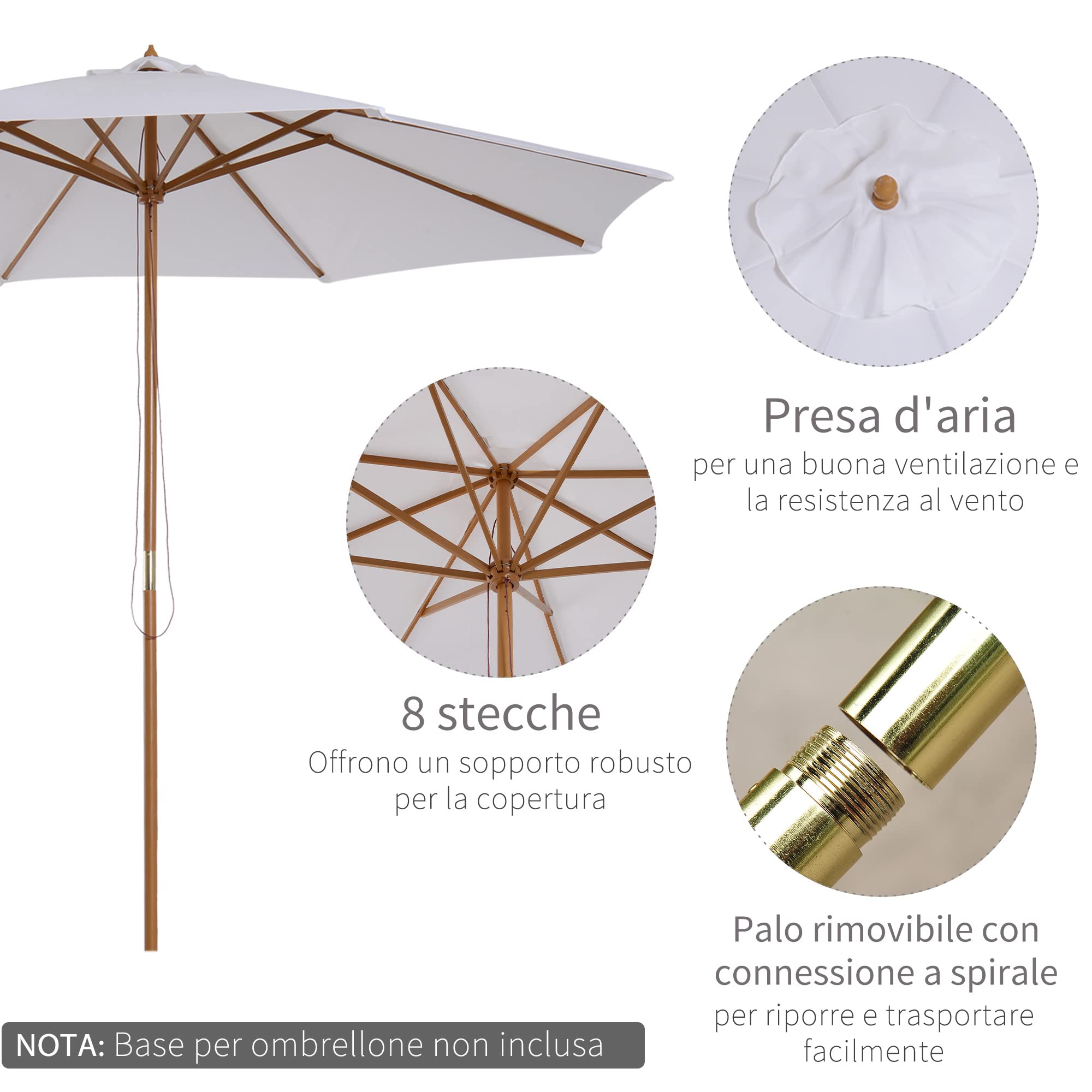 Outsunny Ombrellone da Giardino Ø3m con Corda e Apertura Regolabile, Ombrellone da Esterno con 8 Stecche in Legno, Bambù e Poliestere 180g/㎡, per Cortile, Terrazza e Balcone