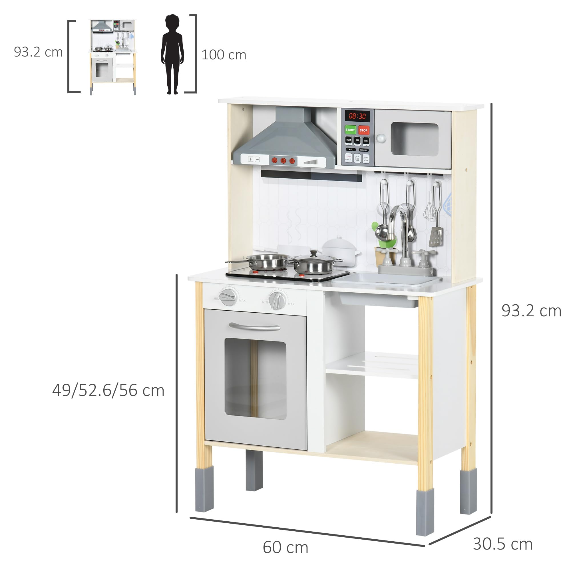 HOMCOM Cucina Giocattolo per Bambini Luci 60x30.5x93.2 cm Grigia e Bianca