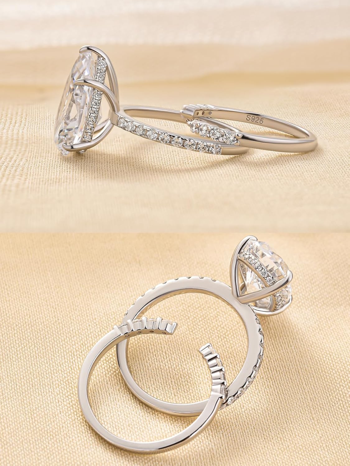 5CT Pear Cut Engagement Ring Set for Women, S925 Silver Open Band 5A Cubic Zirconia Wedding Bridal Ring Set - Image 7