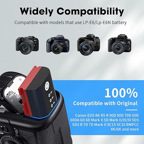 Miniatura 2 de LP LP-E6, LP-E6N Batería de 2 paquetes de 2600mAh con carga USB-C, pantalla LED, baterías de repuesto para Canon EOS R6 R5 R 90D 80D 70D 60D 60DA 6D