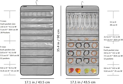 Miniatura 7 de Organizador de joyas colgante para sostener aretes, pulseras, anillos, soporte de collar de doble cara con 52 bolsillos con cremallera y 7 trabillas