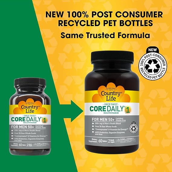 Country Life CORE Daily-1 Multivitamin for Men 50+ Gluten-Free, Energy Support with Coenzymated B Vitamins, Probiotics, Whole Food and Digestive Enzymes, Certified Gluten Free, 60 Tablets