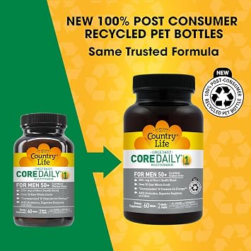 Country Life CORE Daily-1 Multivitamin for Men 50+ Gluten-Free, Energy Support with Coenzymated B Vitamins, Probiotics, Whole Food and Digestive Enzymes, Certified Gluten Free, 60 Tablets