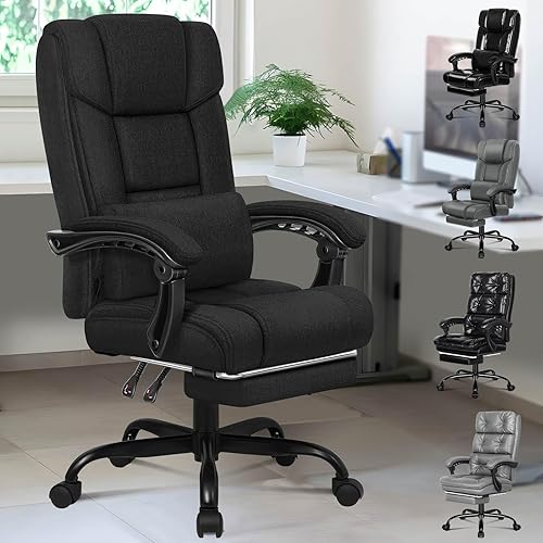 ELFORDSON Office Chair with Lumbar Cushion, Ergonomic Gaming Chairs with Footrest, High Back Heavy-duty Chair, 150° Backrest Recliner, Adjustable Height, Swivel, Linen, Black - Boss - Linen - Black - Boss Series